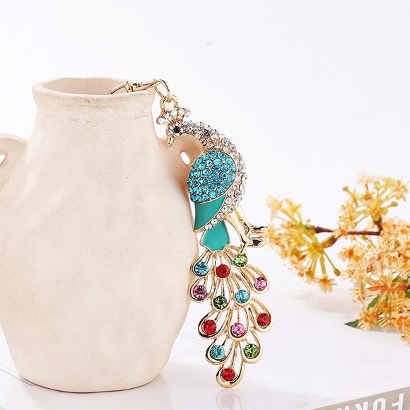 Beautiful Blue and Colorful Crystal Peacock Keychain Charm - Picture 5 of 16